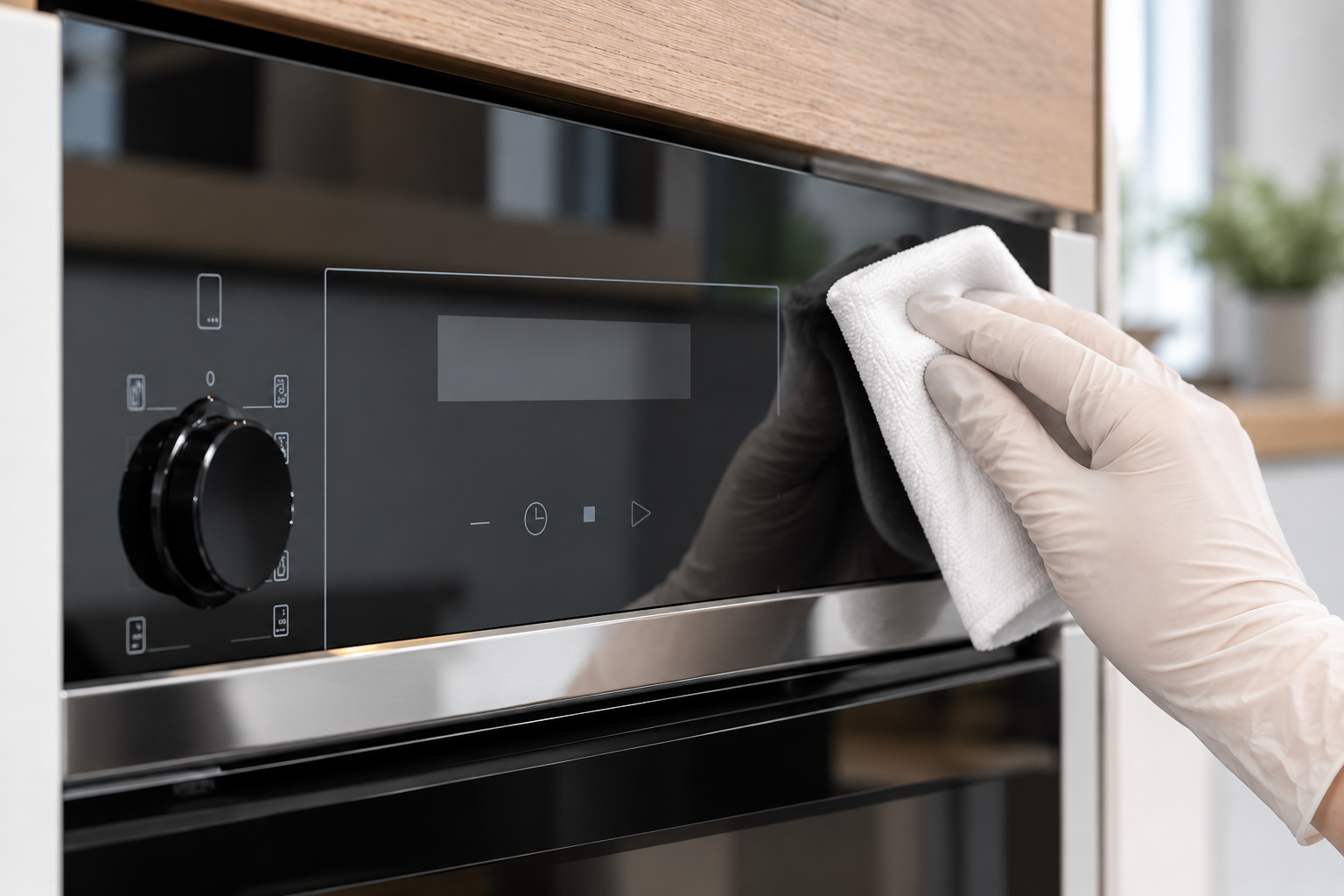 Gloved hand lightly holding a clean white cloth against black appliance-control glass