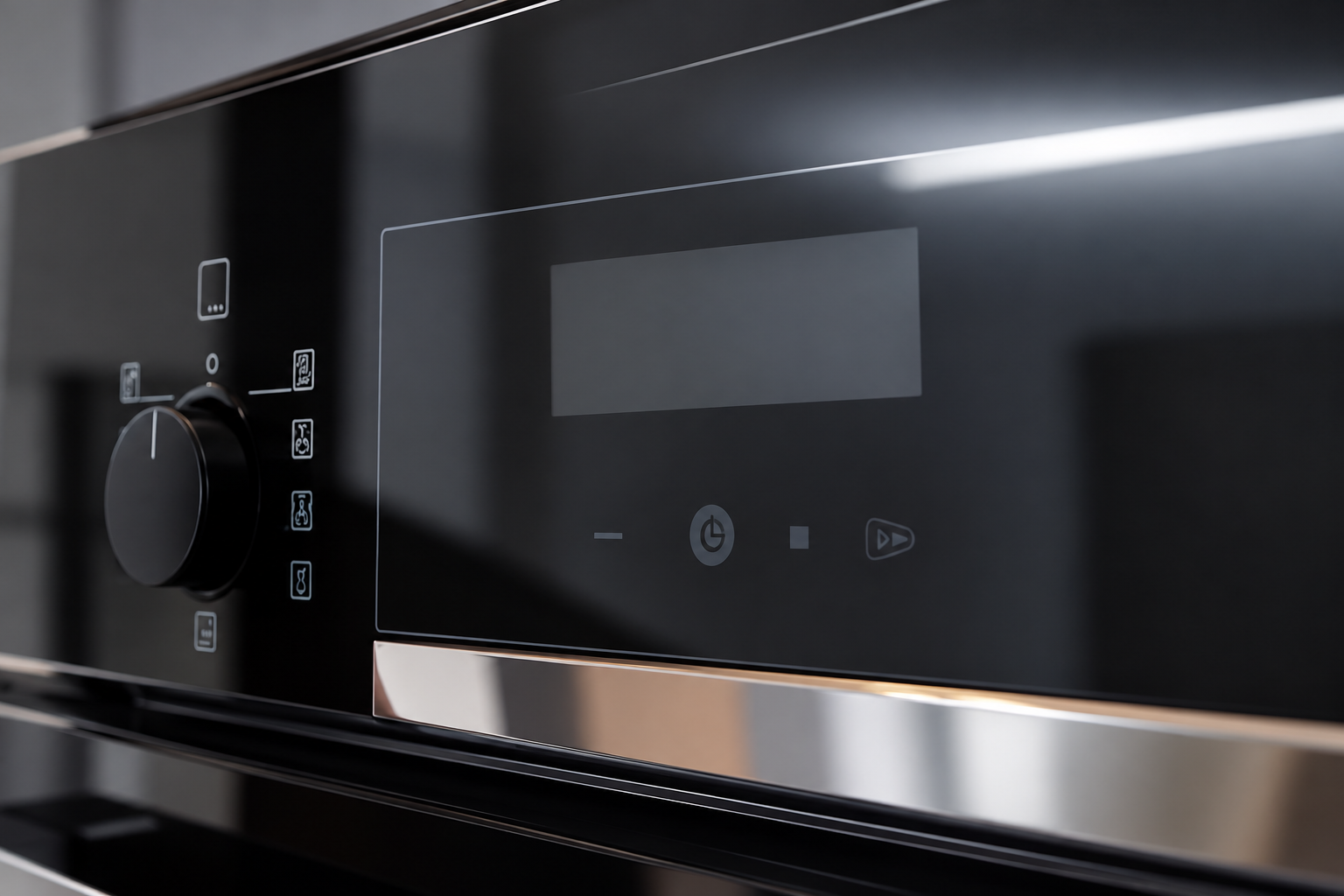 Oblique view of black appliance-control glass showing the display region and surface reflections