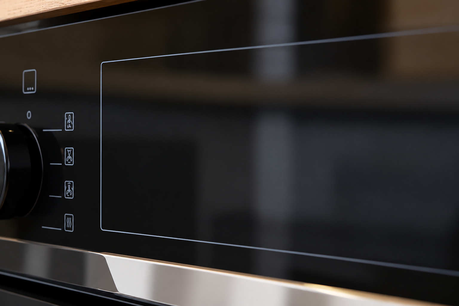 Close view of the black control-glass surface beside its pale display-zone border