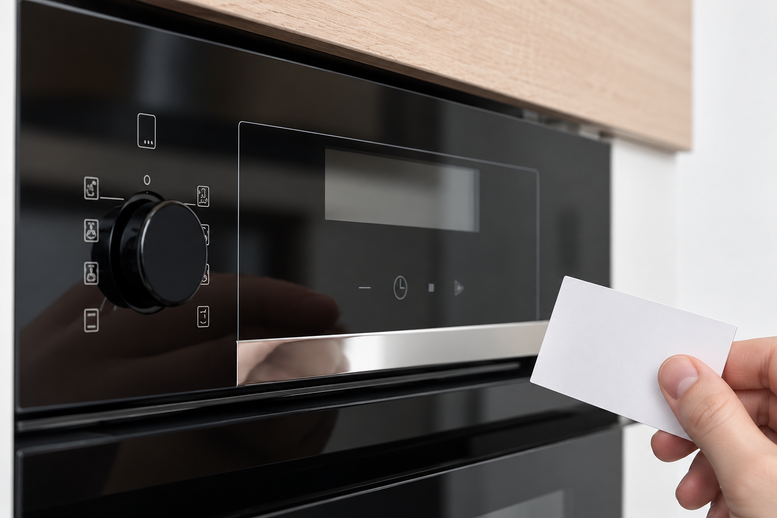 Side-angle review of appliance-control glass and silver trim with a blank inspection card nearby