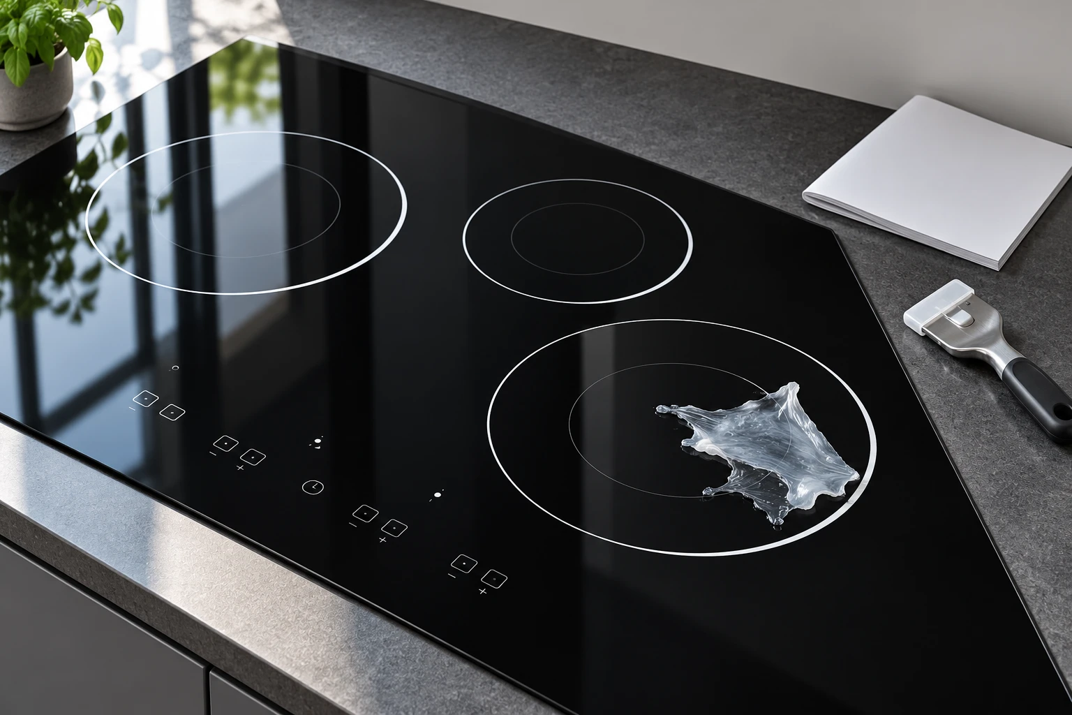 Small pale plastic film residue on a cool black glass-ceramic cooking zone beside an unused scraper