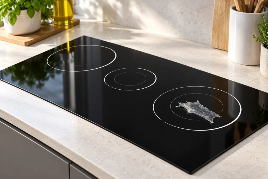 Melted Plastic on Glass Stove Top: Safe Decisions Before Cleaning — black glass-ceramic reference illustration
