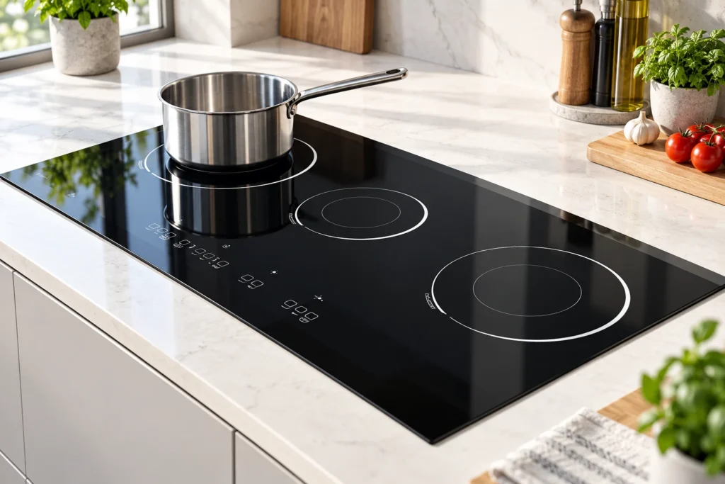 Black three-zone glass-ceramic cooktop with a centered stainless steel pan