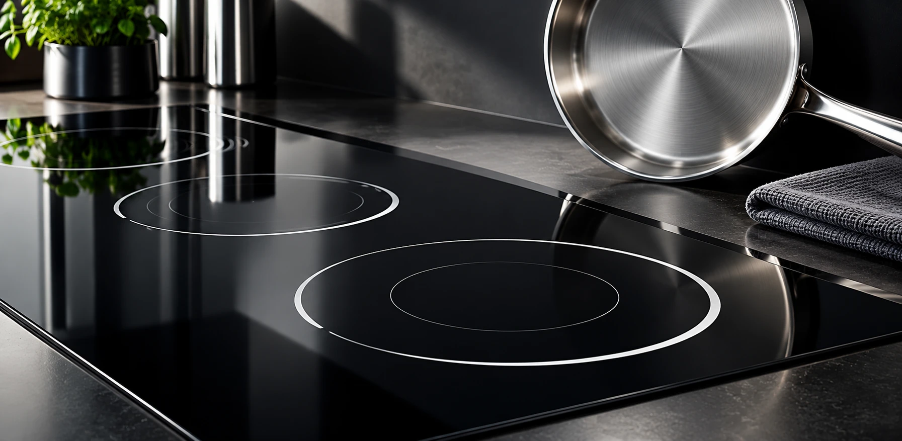 Clean pan base beside cold black glass with a soft cloth on the counter