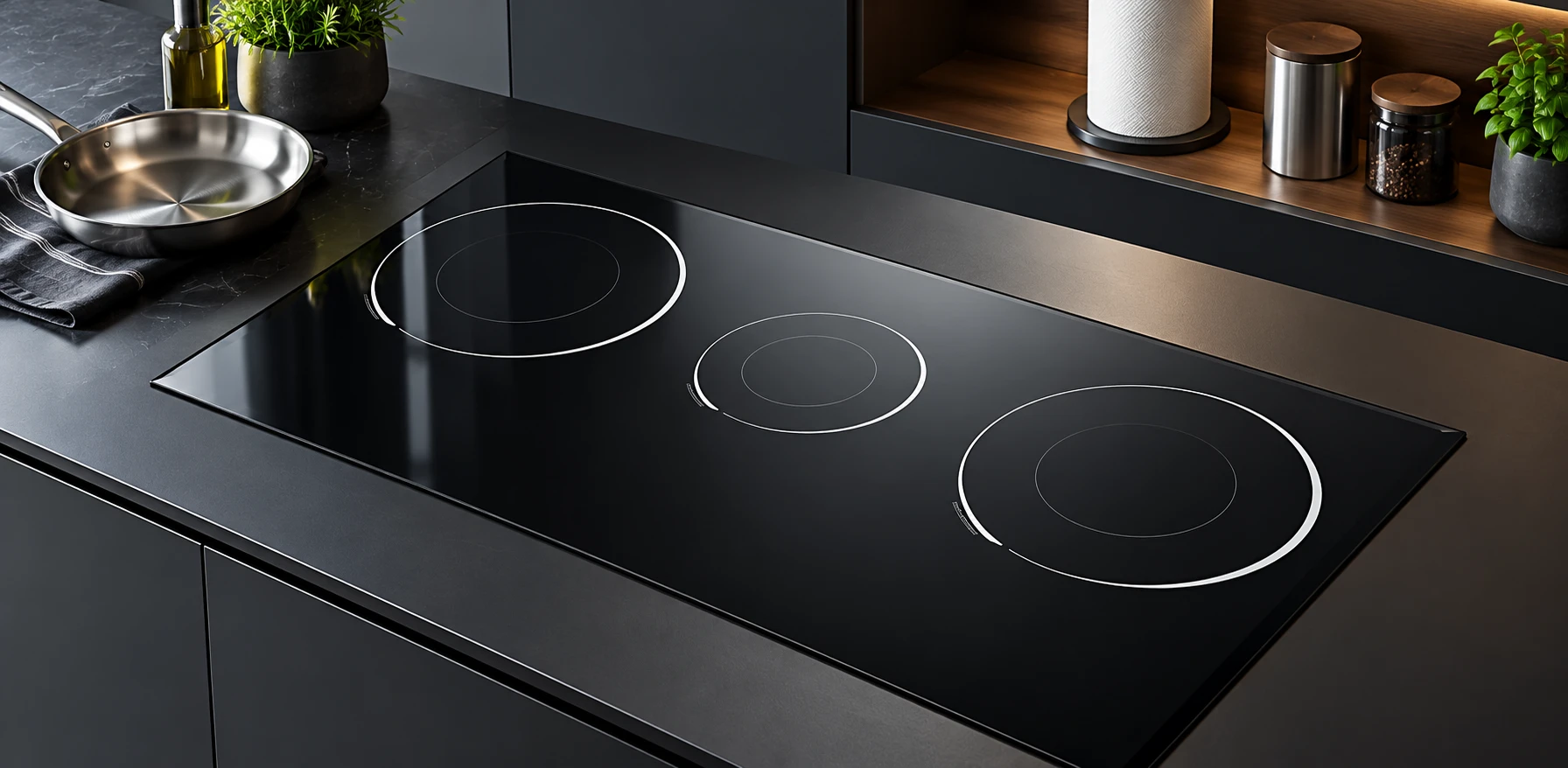 Unobstructed cold black glass cooking surface with paper towels stored separately