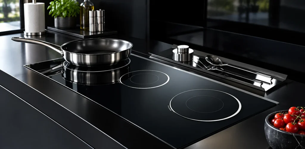 Cold black induction cooking surface with cookware directly on a zone and paper stored away