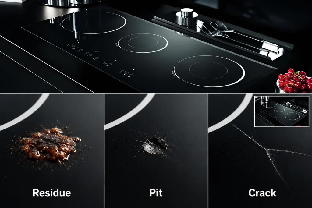 Comparison of raised residue, a surface pit and a crack on black glass-ceramic