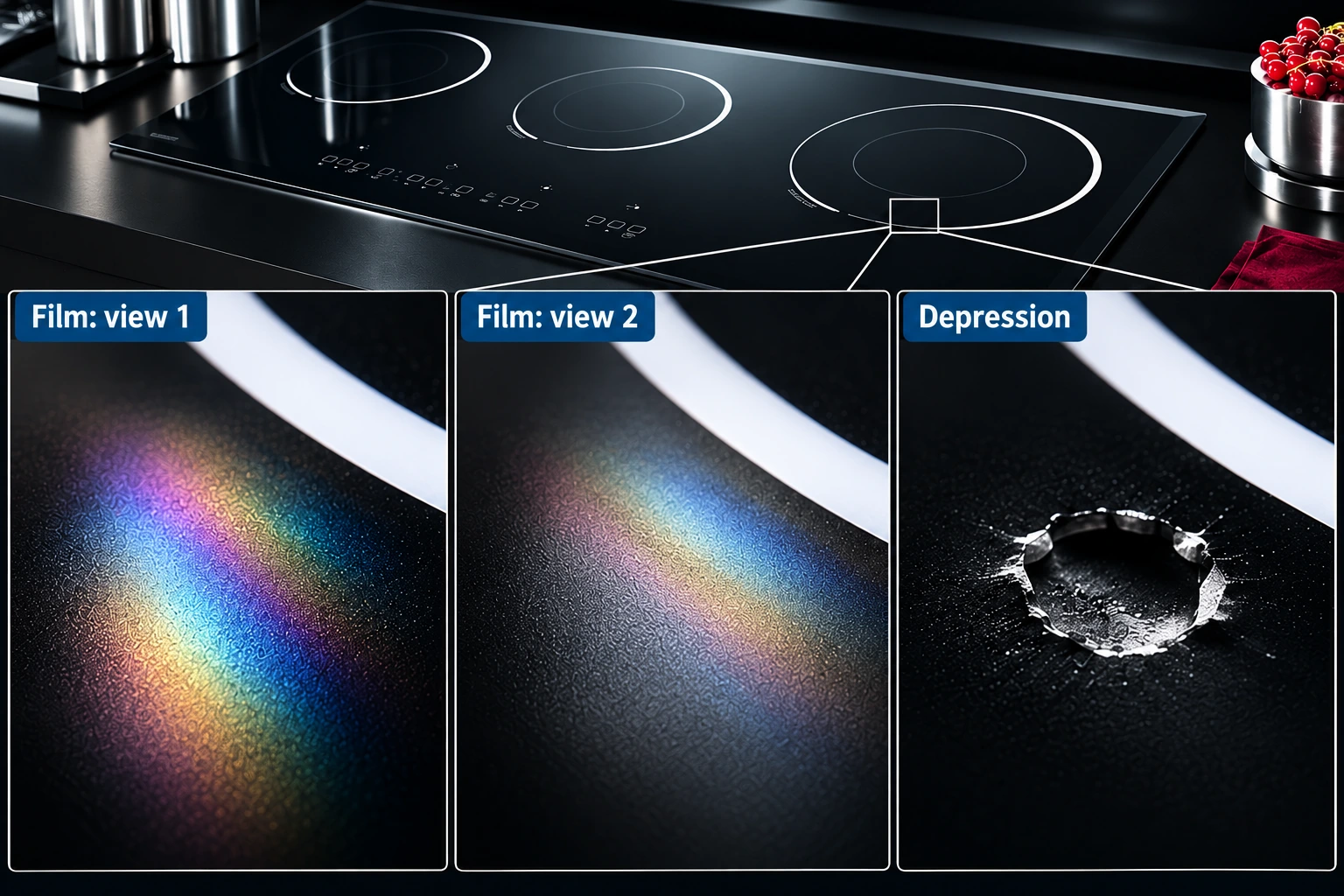 Same smooth film seen from two angles compared with an actual surface depression