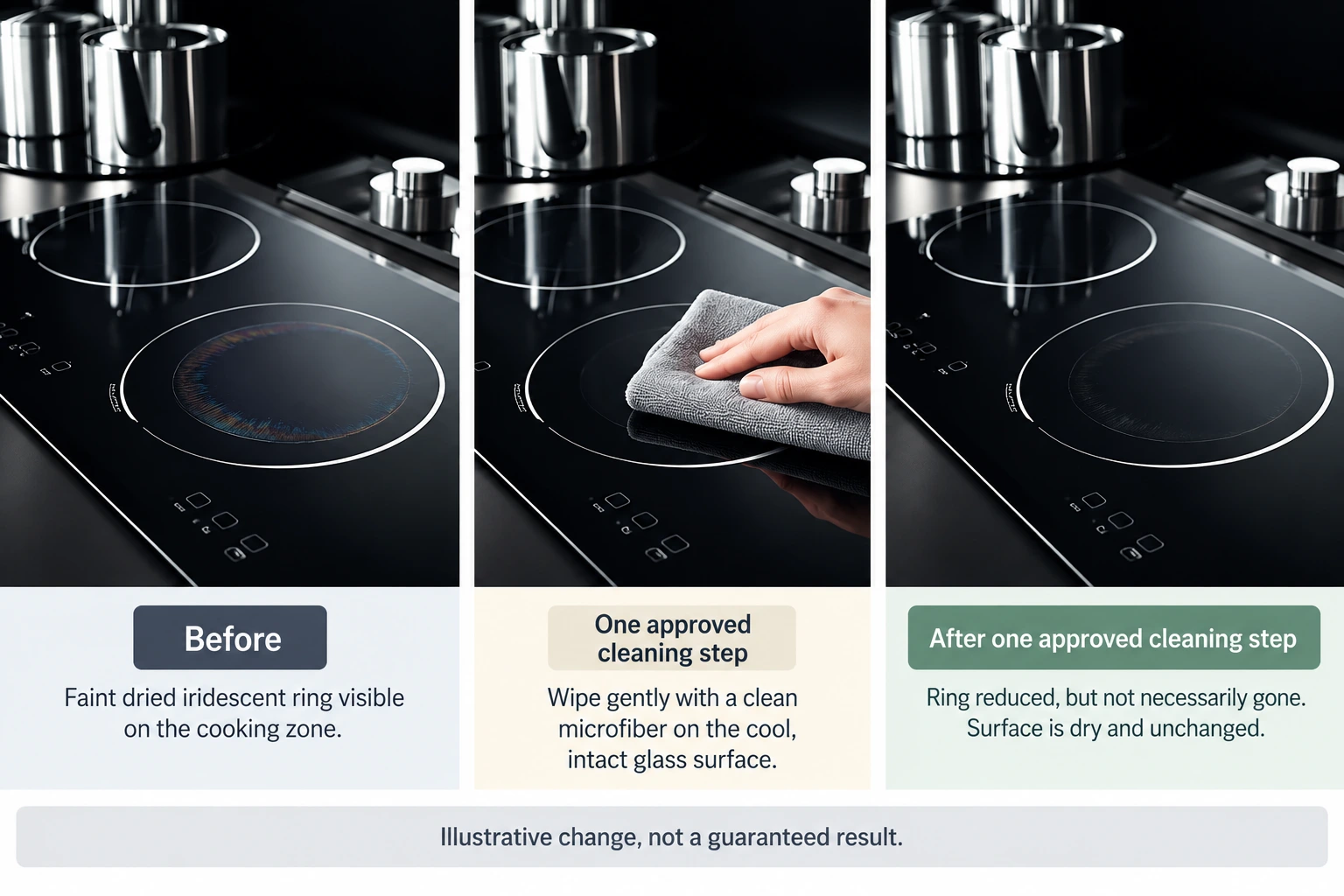 Same-view illustration before and after one approved cool cleaning step