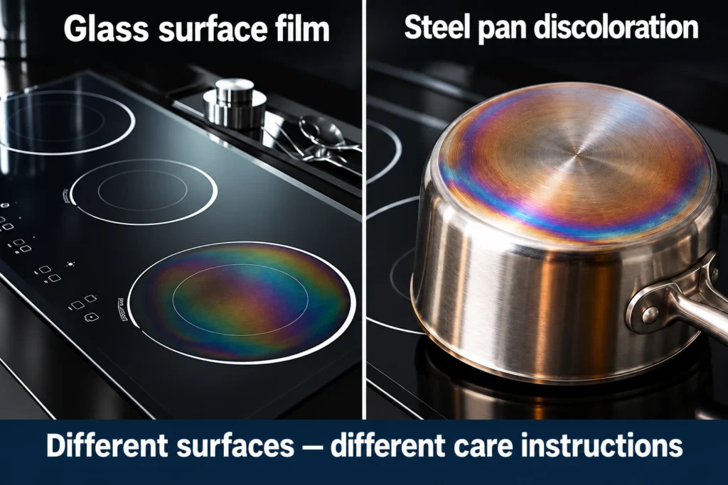 Glass surface film compared with discoloration on a stainless steel pan