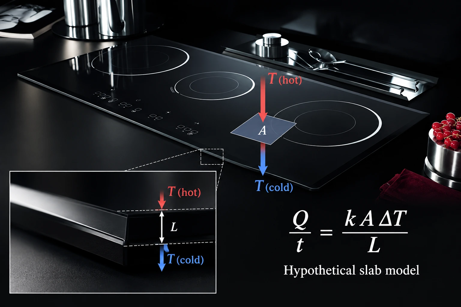 Illustrative through-thickness heat-flow path with area, thickness and temperature-difference labels