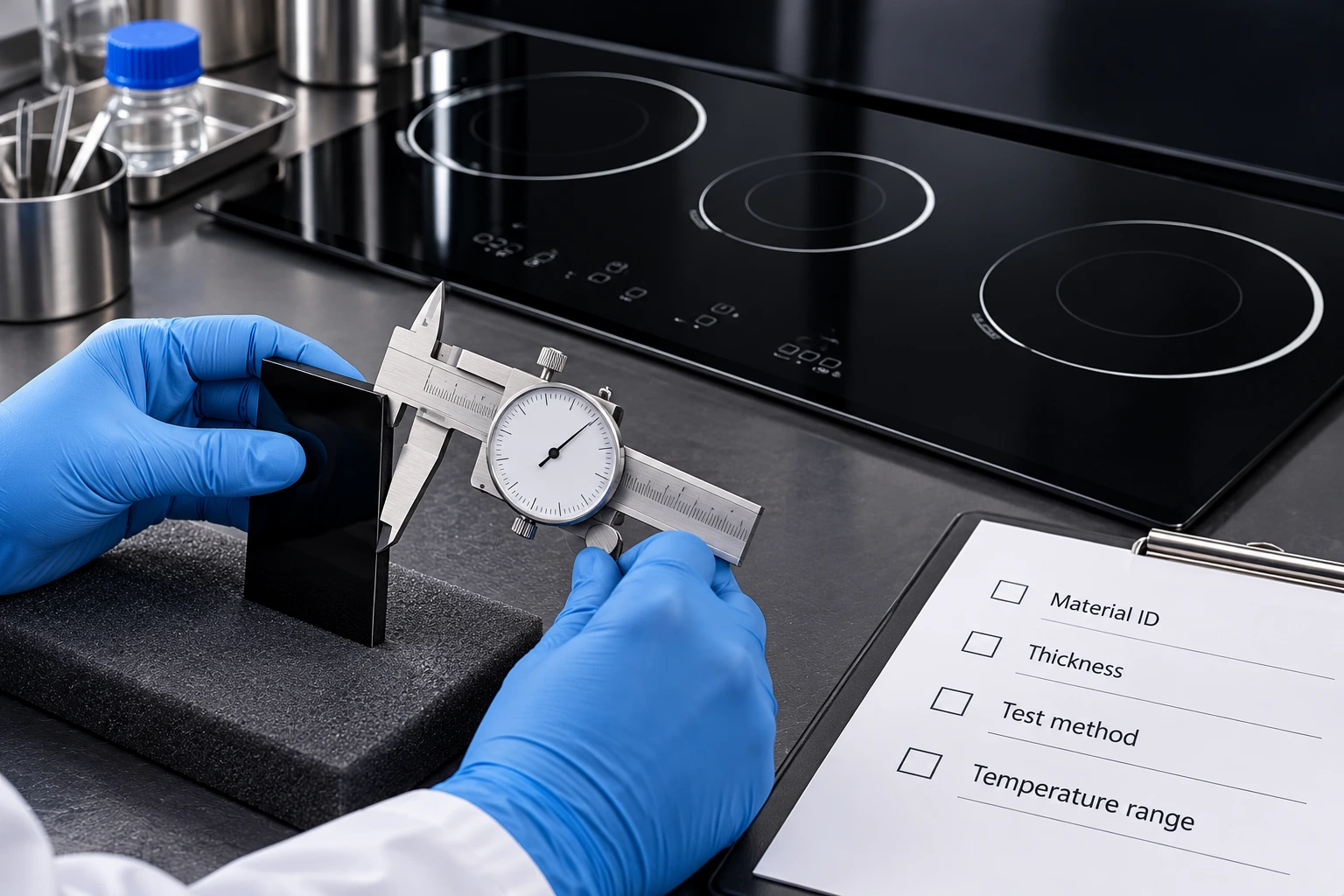 Caliper contacting a separate black glass-ceramic coupon for specimen preparation