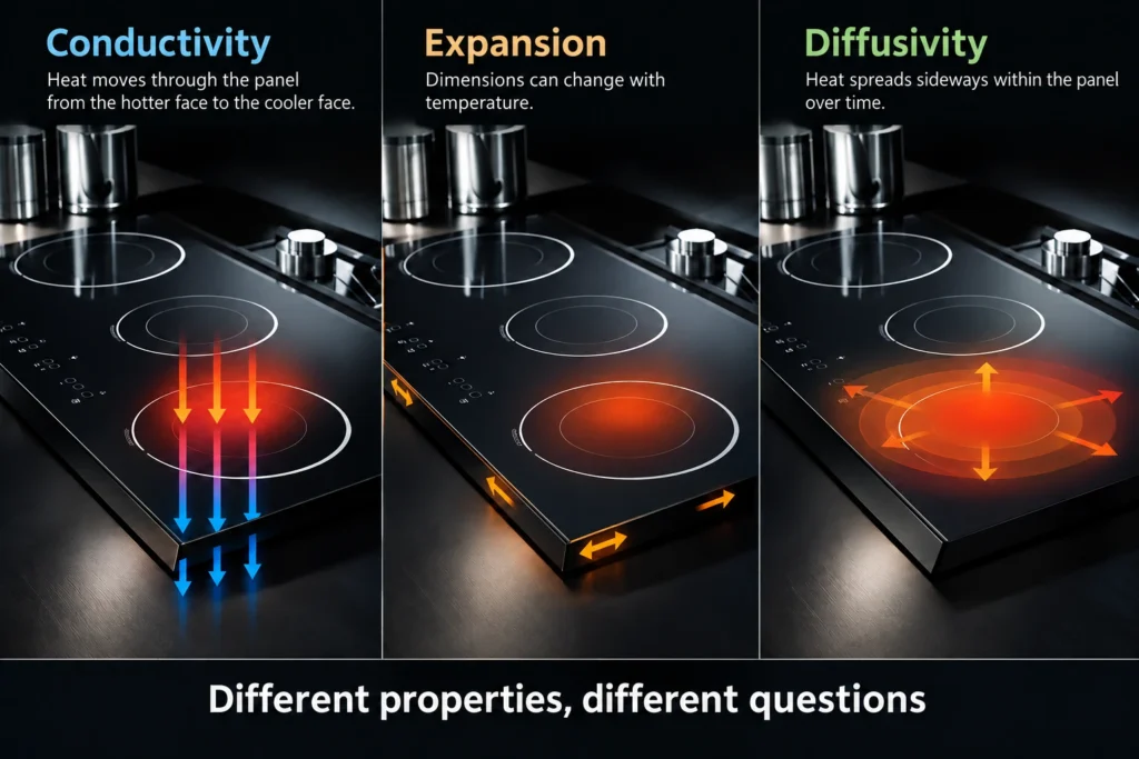 Distinct heat-flow, dimensional-change and temperature-spreading concepts on a black glass-ceramic panel