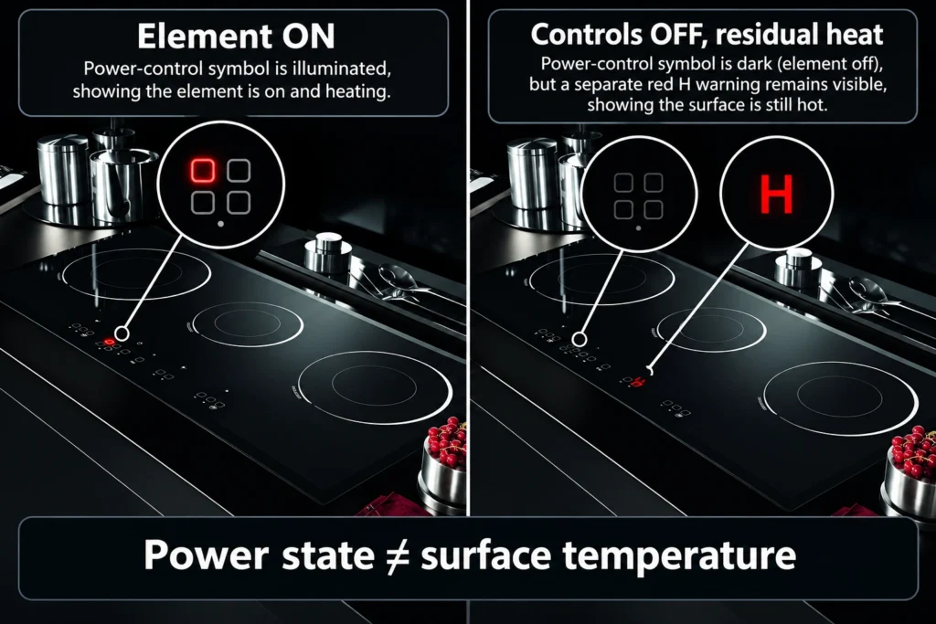 Conceptual element-on indicator contrasted with controls-off residual-heat H warning