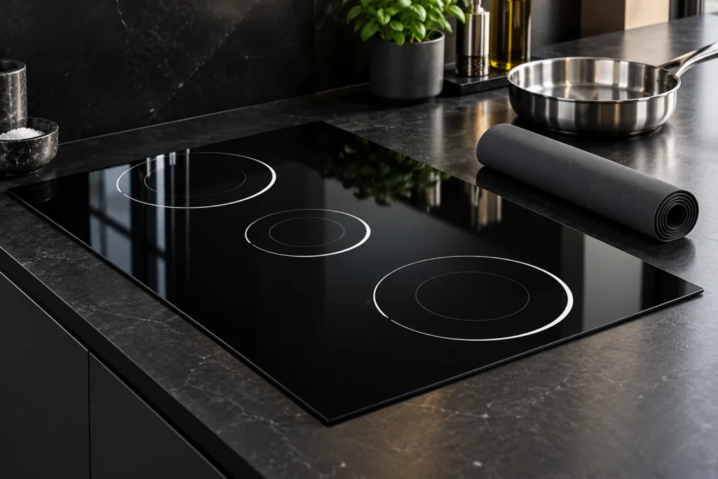 Silicone Mat on Induction Hob: Check Appliance Permission First — reference-based black glass-ceramic illustration