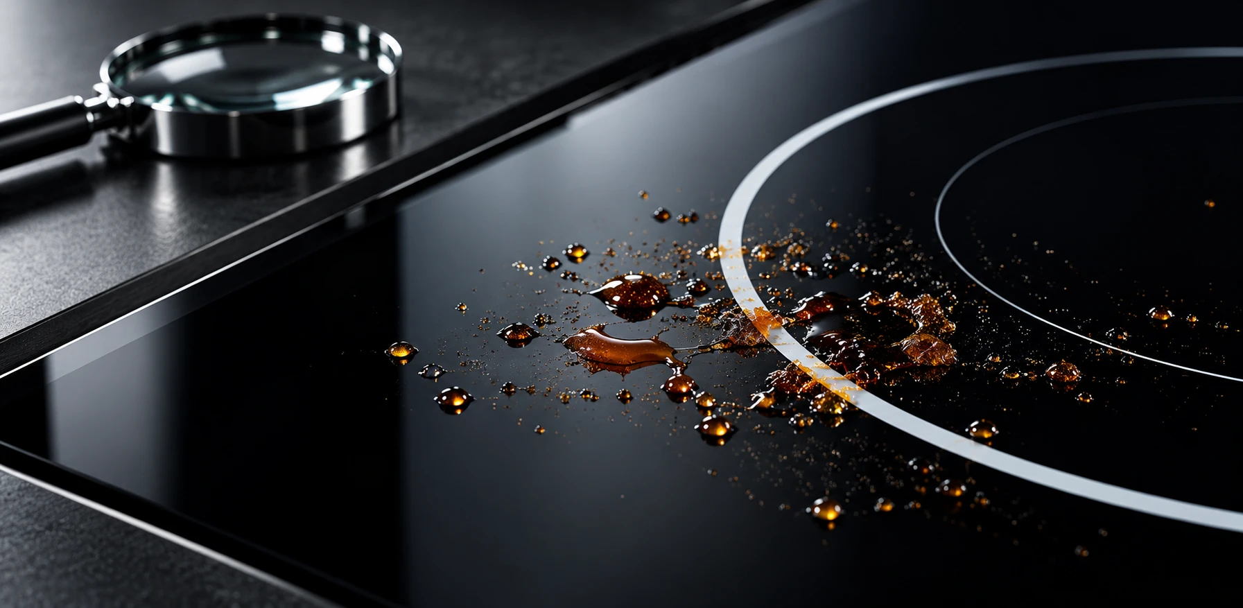 Close observation of amber sugar residue on cold black glass ceramic