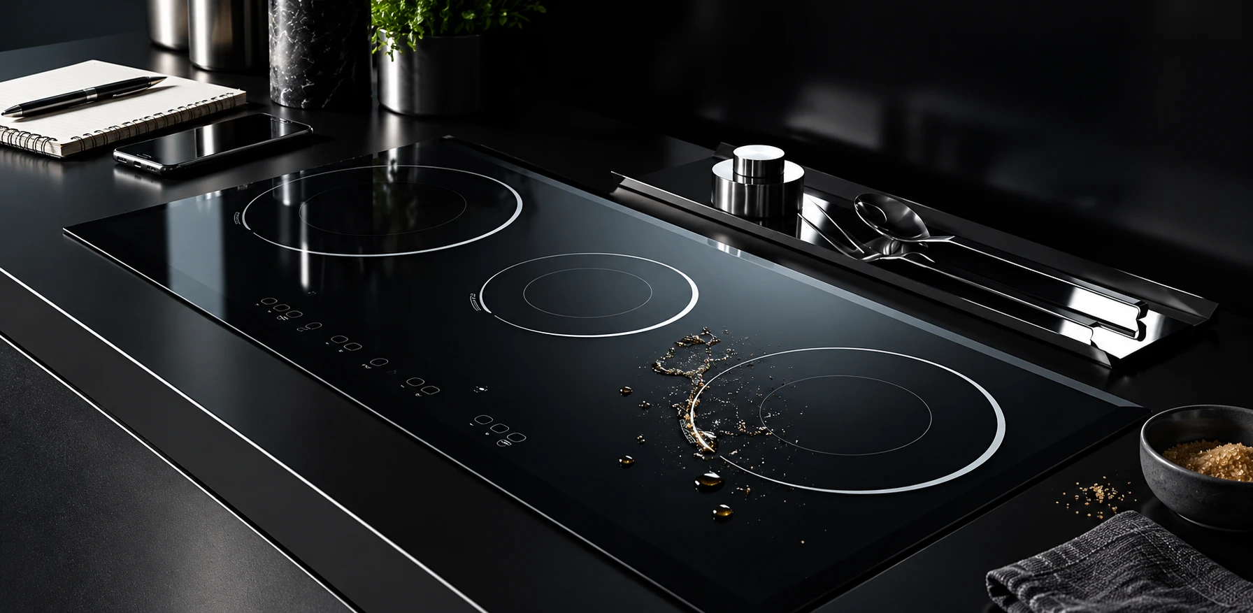 Sugar residue on a cold hob with service documentation items on the adjacent counter